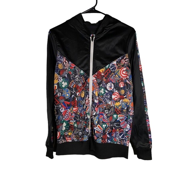 NBA Teams Logo Full Zip Hoodie Size Small Double Sided Black All Over Print‎ - Picture 1 of 10